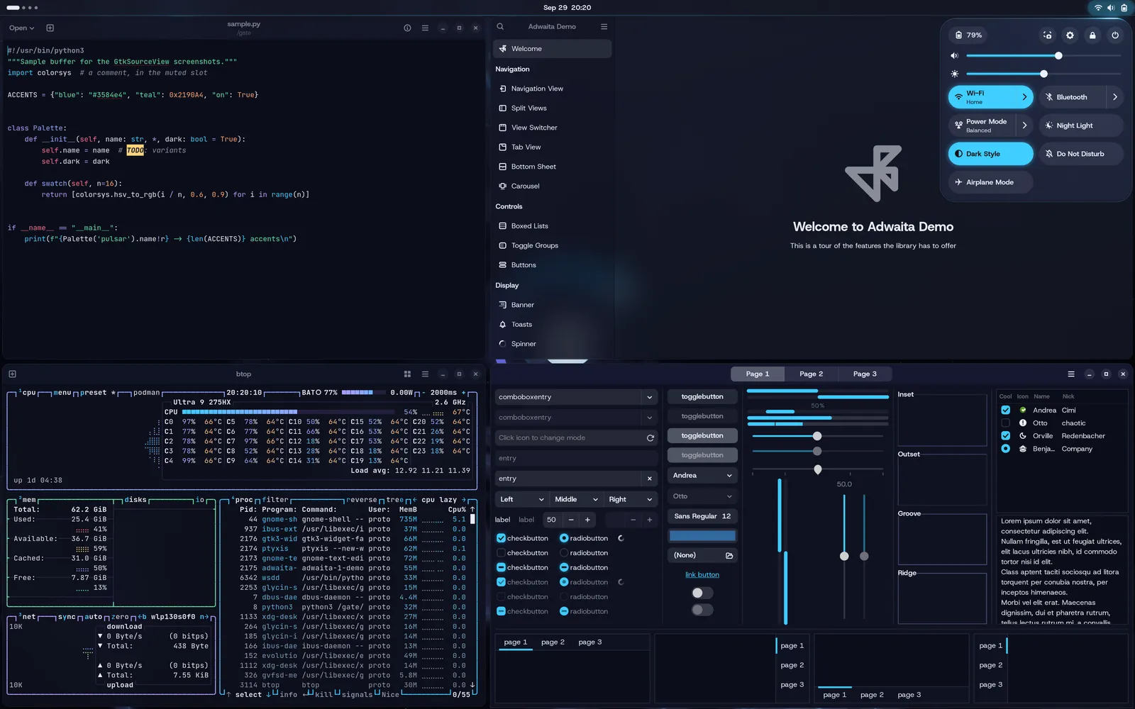 A Pulsar desktop in the default dark theme: a code editor, btop, and two GTK demo apps tiled under a translucent Quick Settings menu, all in the same blue accent