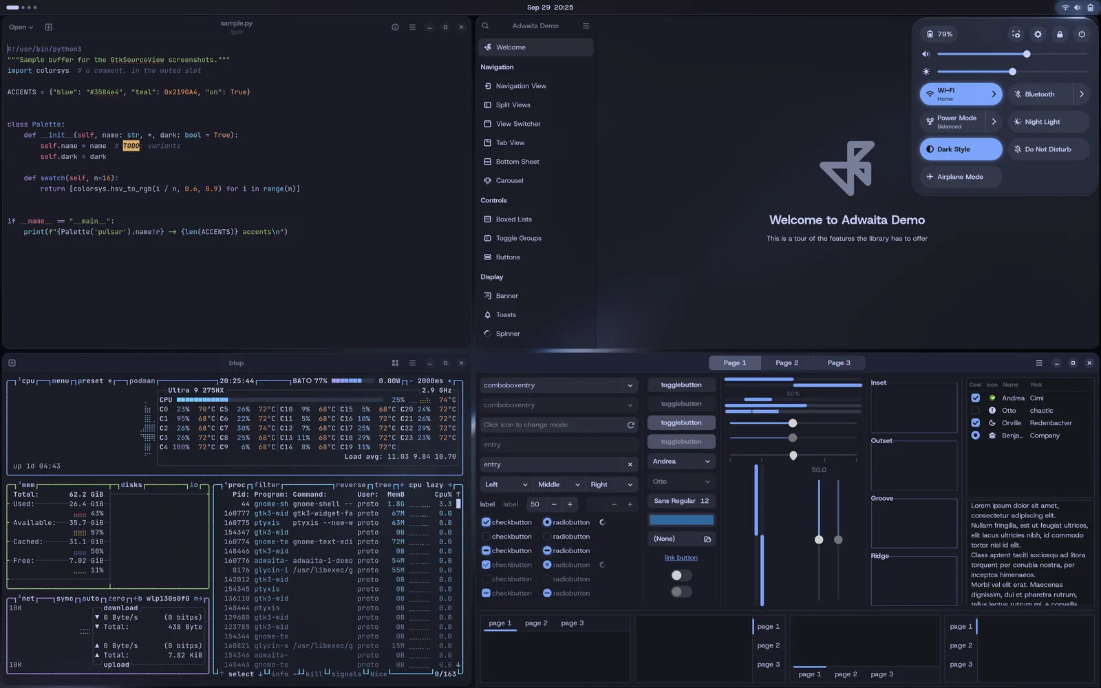The same desktop in the Tokyo Night theme: the shell, the apps, the terminal, and btop have all switched palettes together